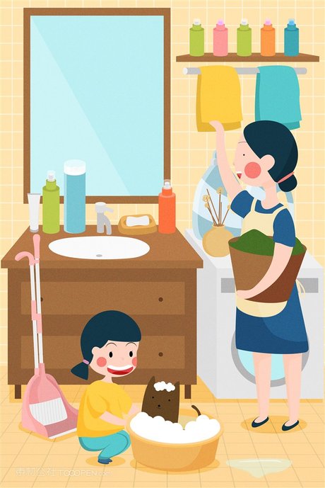 扁平小清新儿童画面帮妈妈做家务大扫除矢量