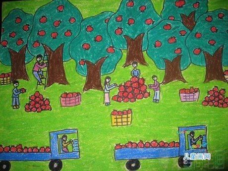秋天主题 果树丰收的季节景象 儿童画