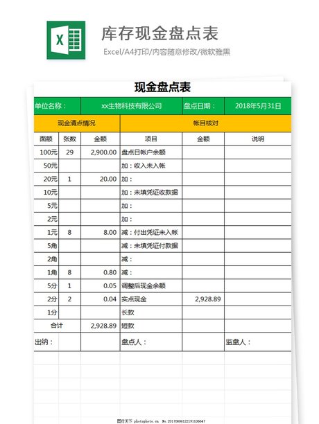 库存 现金盘点表(自动计算)excel 模板