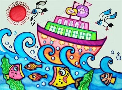 儿童画彩笔画作品:大海里的船,画画网