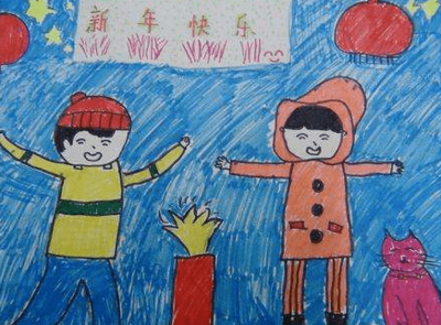 欢度春节儿童画图片-新年放鞭炮