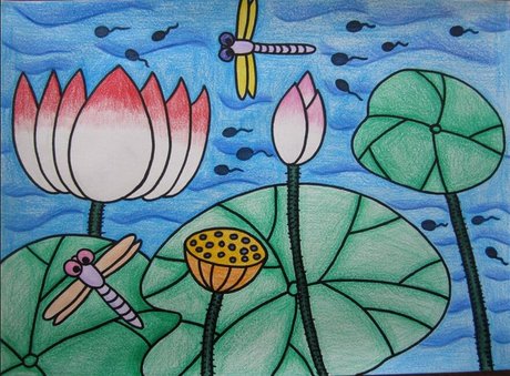 荷花和蜻蜓夏天油画棒教师范画_蜡笔画   5068儿童网