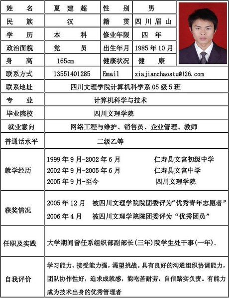 个人简历姓名夏建超性别男民族汉籍贯四川眉山学历本科