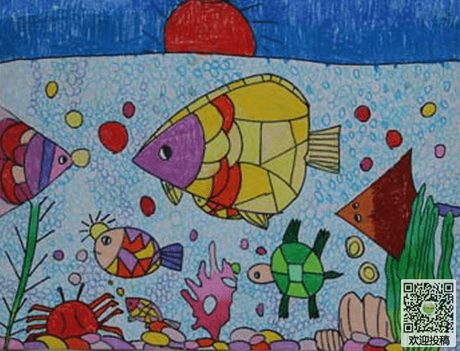小学生畅游 海底世界水彩画作品欣赏