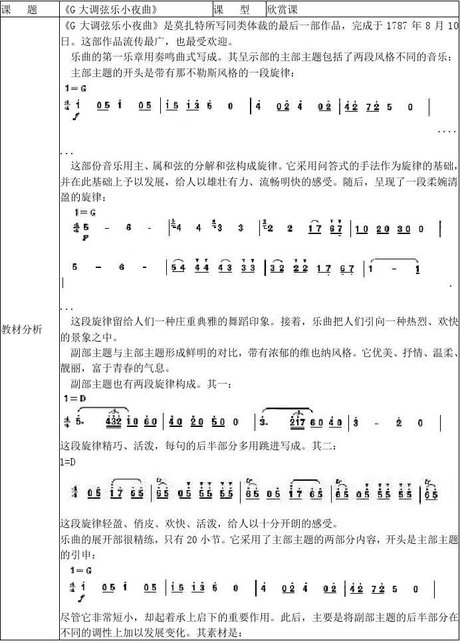 八年级音乐上册第六单元g大调弦乐小夜曲教学设计表格式湘艺