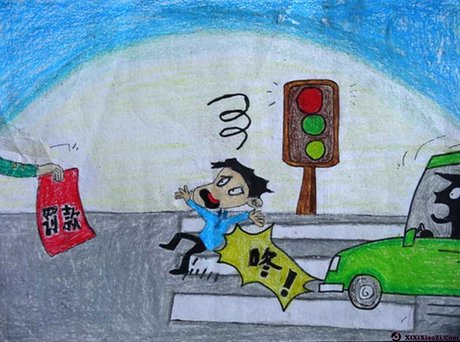 交通安全儿童画作品 过红绿灯绘画图片 交通绘画 交通安全图画儿童画