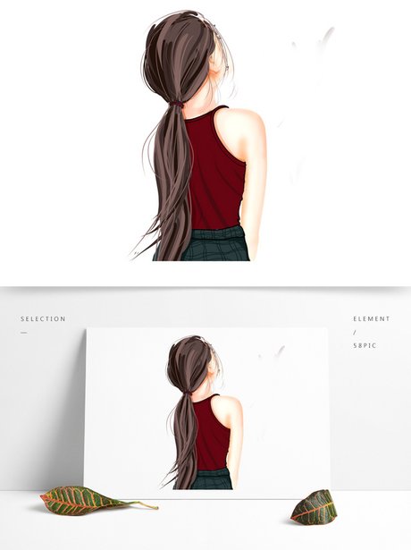 手绘美丽 长发女生背影人物设计