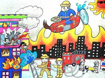 一组创意消防儿童画作品欣赏_可可简笔画