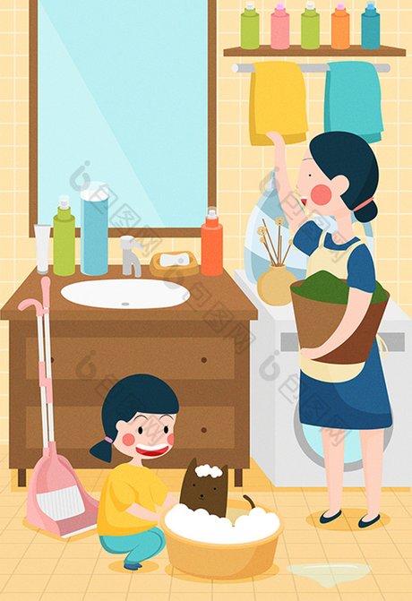 扁平小清新儿童画面帮妈妈做家务大扫除矢量