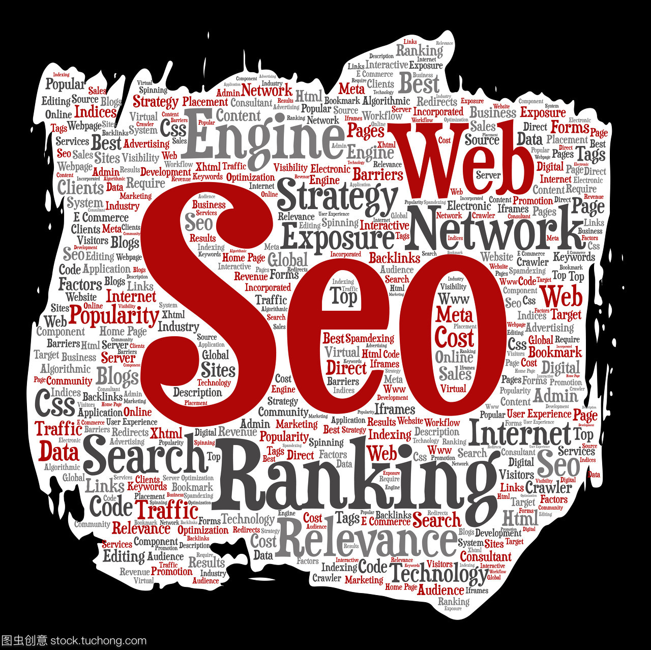 概念搜索结果引擎优化最高等级,seo 刷或纸在线互联网云文字背景上孤立。营销策略 web 页内容相关性网络概念