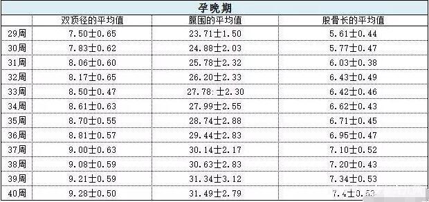 胎儿标准对照表