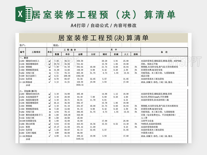 装修工程预算表范本