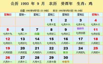 1993年日历农历阳历表