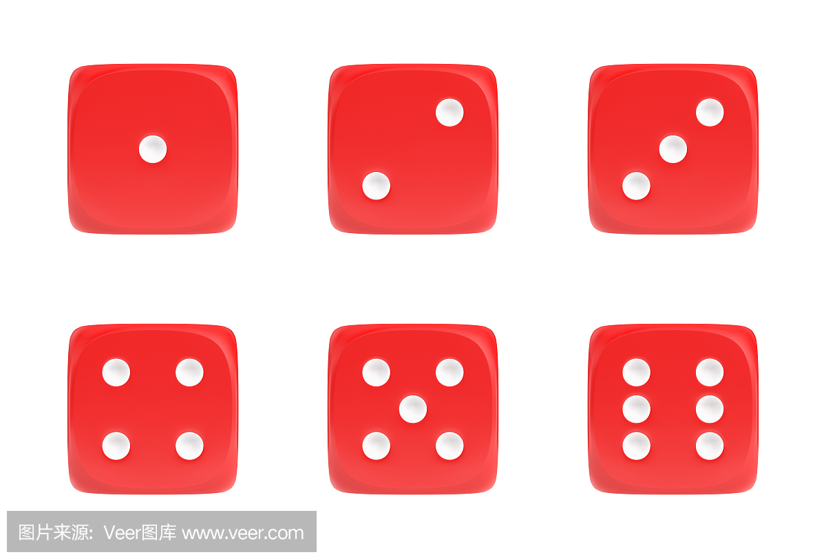 一组六个红色骰子的3d渲染,在前视图与白点显示不同的数字