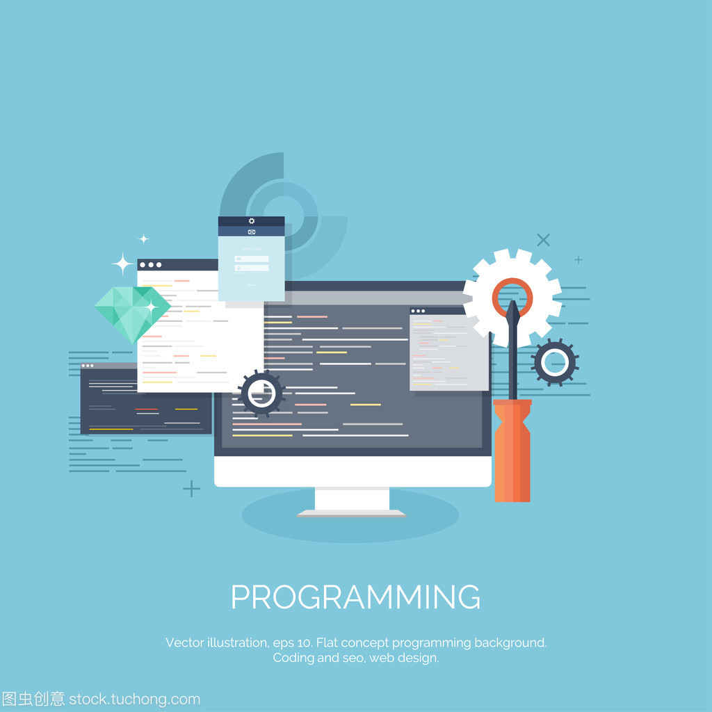 矢量图。平的计算背景。编程,编码。Web 开发和搜索。Seo。创新技术。移动应用程序开发、 优化