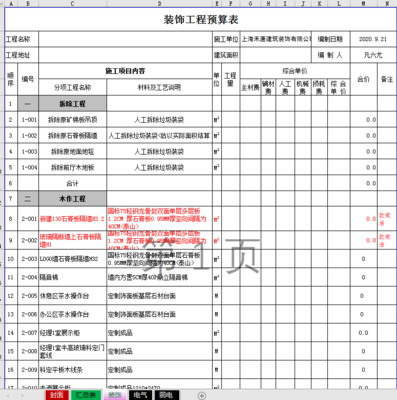装修工程预算表范本