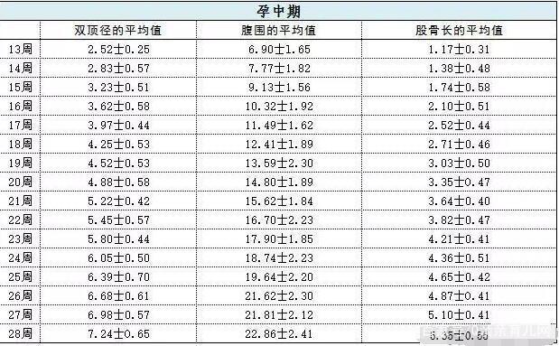 胎儿标准对照表