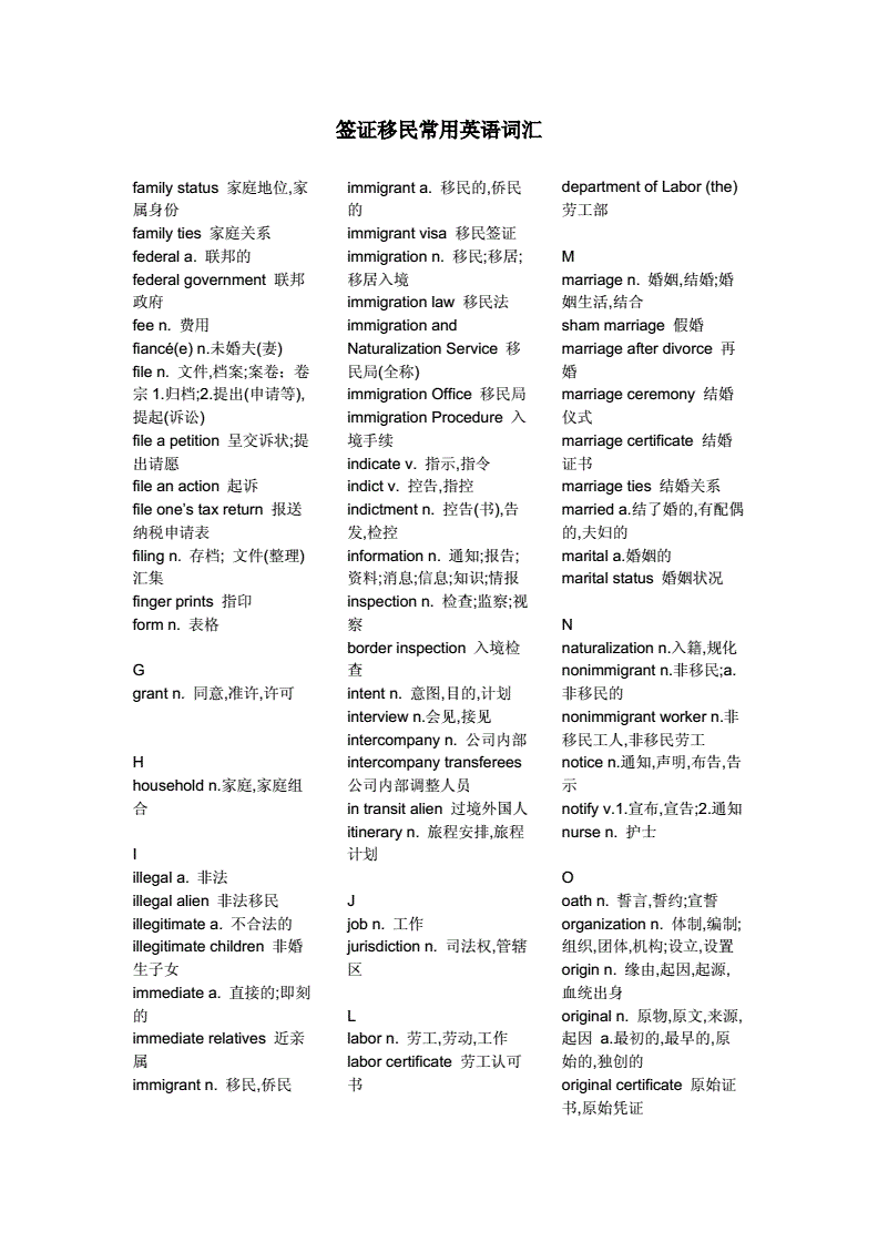 签证词汇大全100个