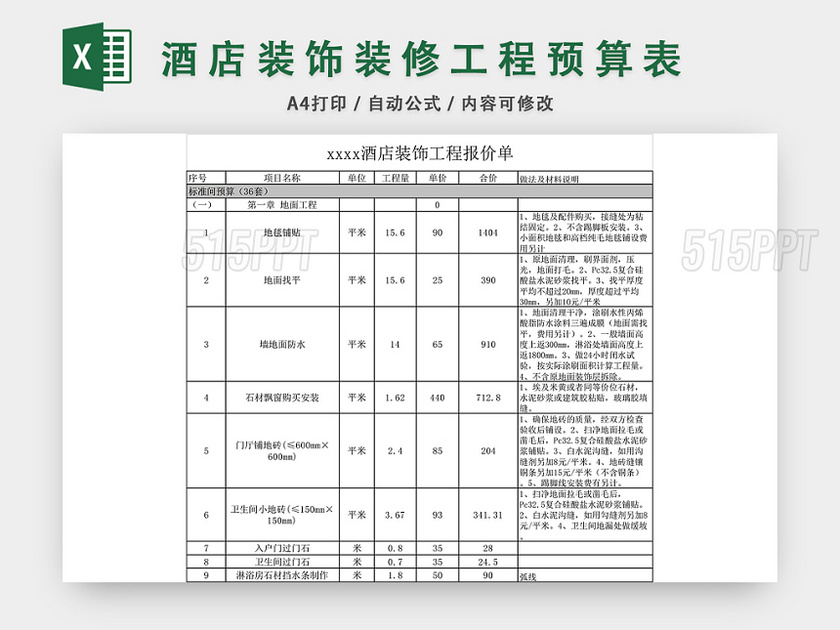 酒店装修预算表