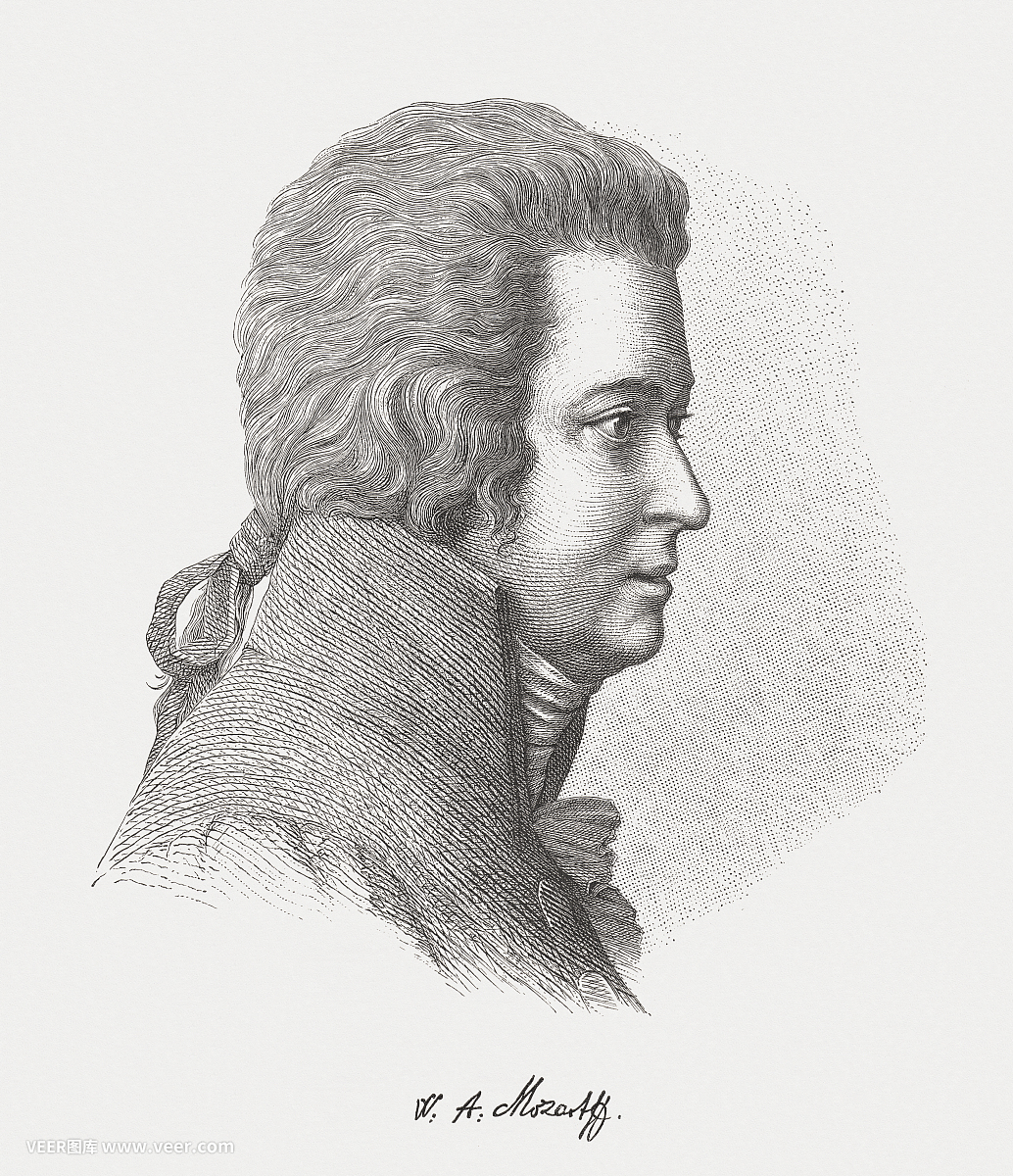 奥地利作曲家沃尔夫冈·阿玛多伊斯·莫扎特(1756-1791),木刻作品