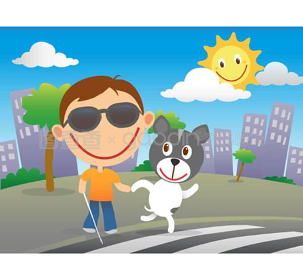 带着导盲犬的快乐盲童