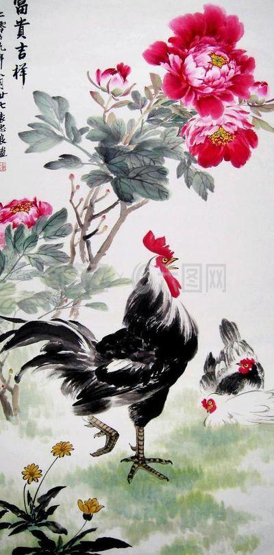 四尺竖幅国画公鸡牡丹