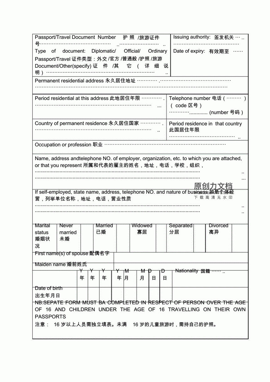 南非旅游签证申请表