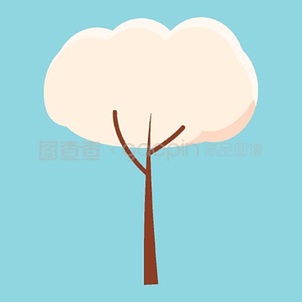 的白色树冠和细棕色树干孤立的矢量插图卡通春天树白色树冠插图卡通