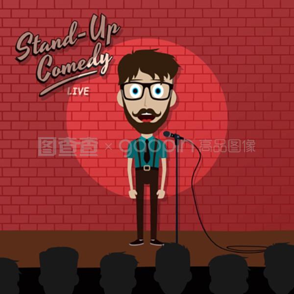 成年男性在红砖舞台上站起来的喜剧演员卡通人物